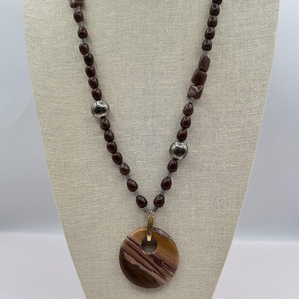 Vintage Y2K Beaded Pendant Necklace Striped Stone Boho Women's Classic Jewelry